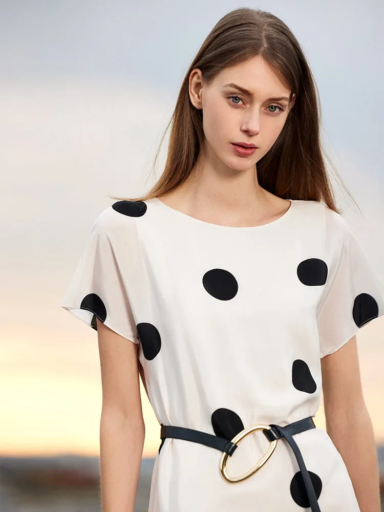 16 Momme Mulberry Silk Boat Neck Polka Dots Printed Women Midi Dress With Belt And Scrunchie