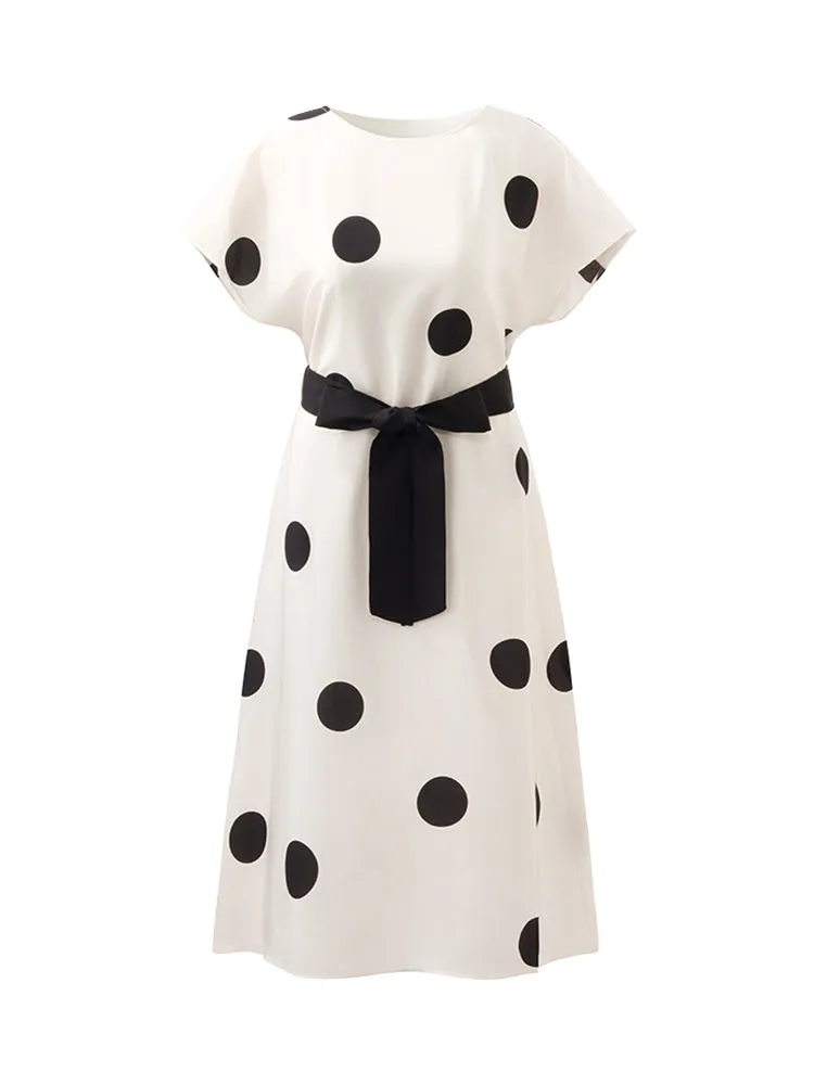 16 Momme Mulberry Silk Boat Neck Polka Dots Printed Women Midi Dress With Belt And Scrunchie