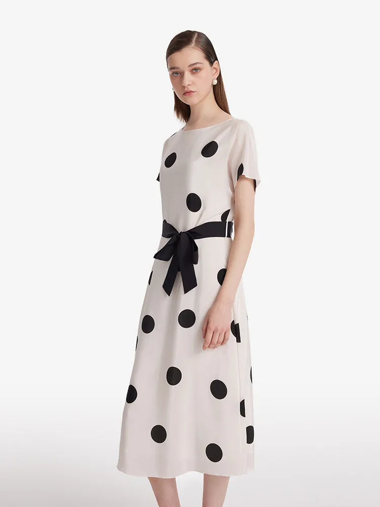 16 Momme Mulberry Silk Boat Neck Polka Dots Printed Women Midi Dress With Belt And Scrunchie