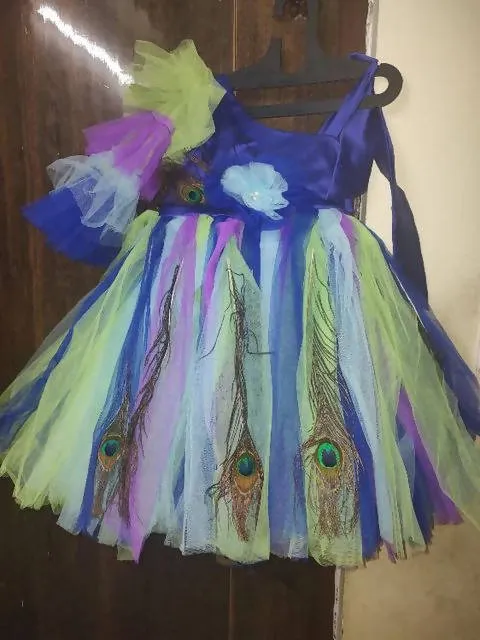 1st Birthday Blue Luxury Real Peacock Feather Kids Dress