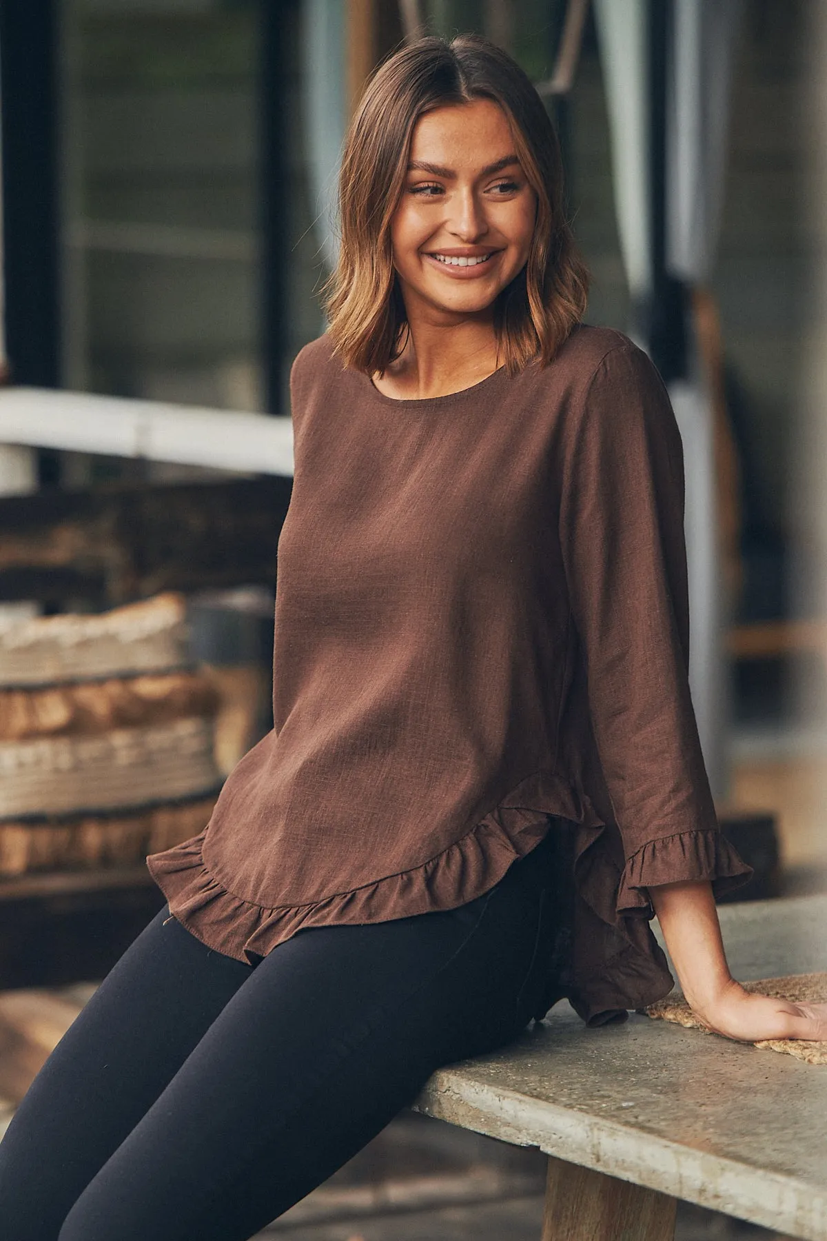 Aries Long Sleeve Chocolate Brown Linen Top