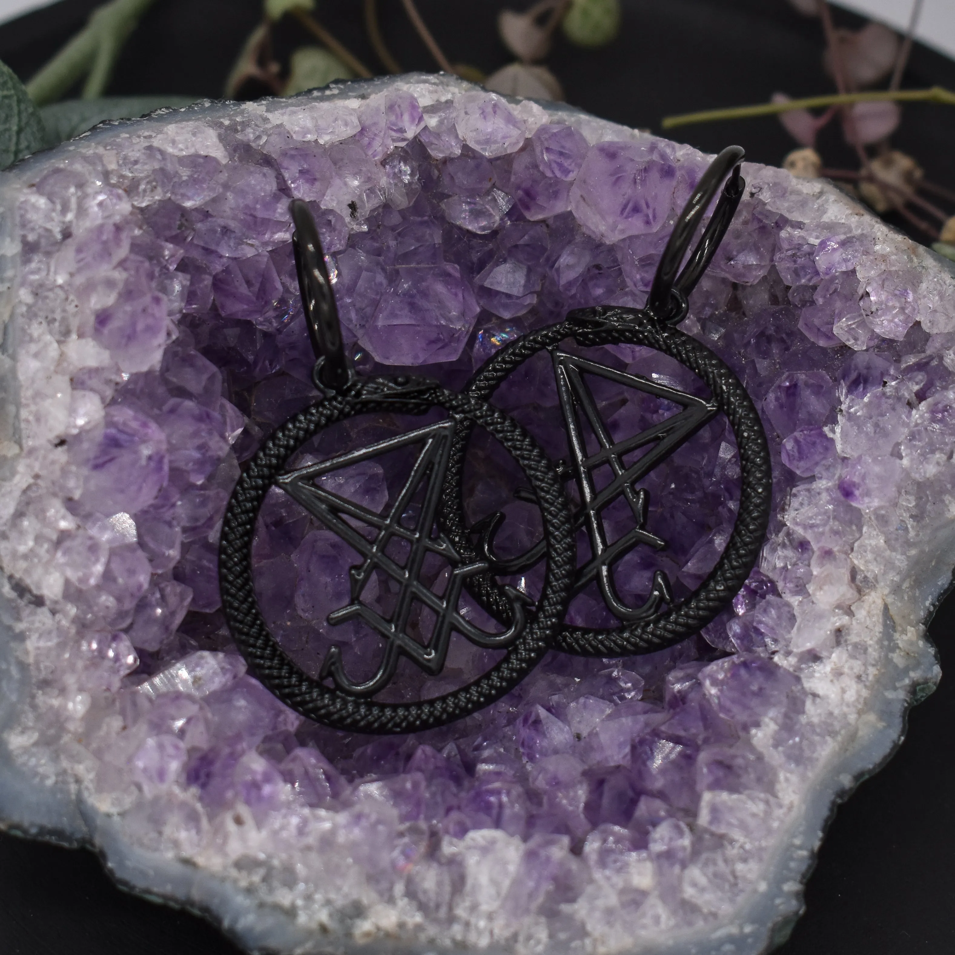 Black Sigil of Lucifer Ouroboros Earrings