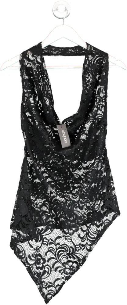 boohoo Black Plunge Halterneck Lace Top UK 12