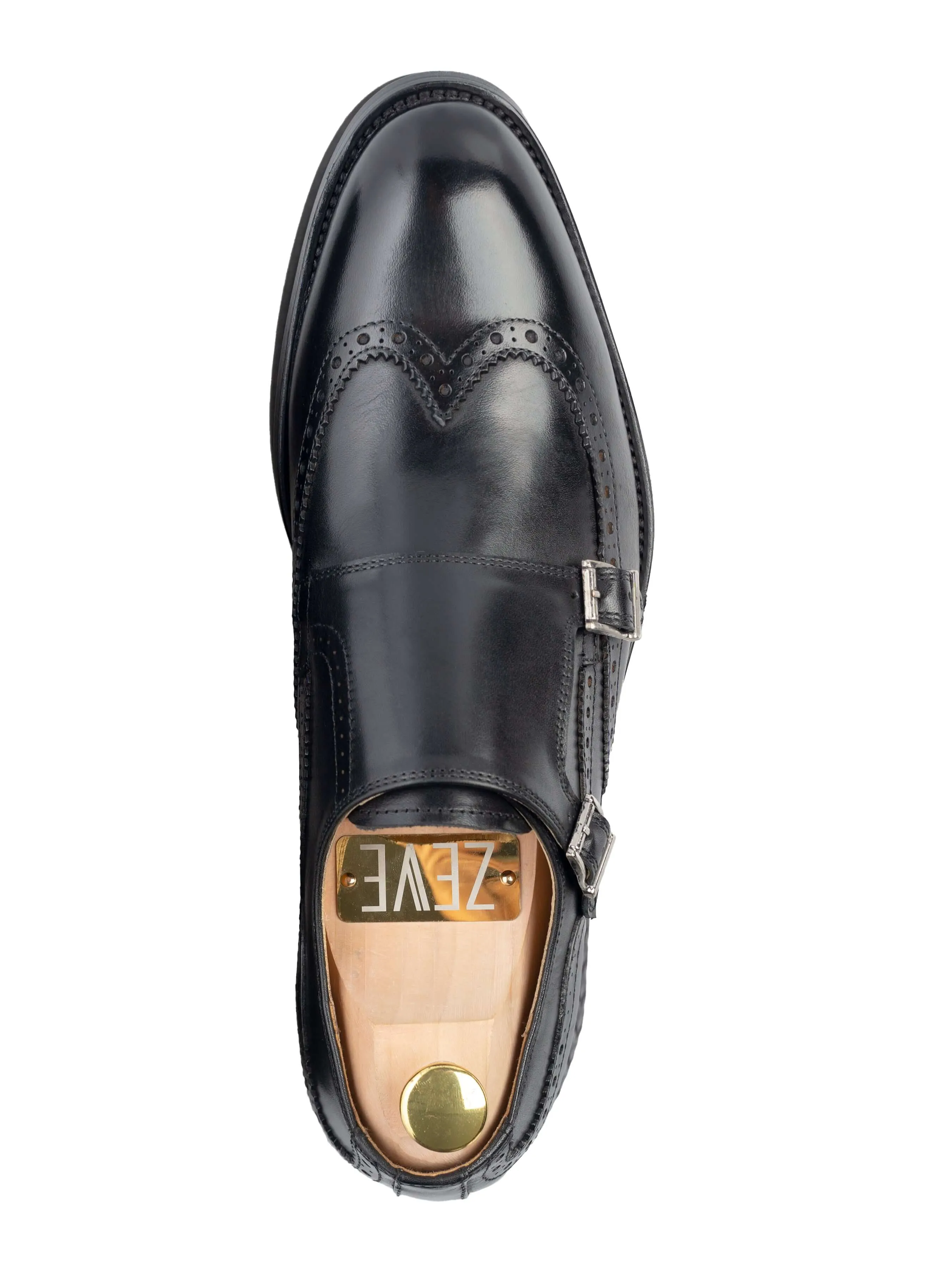 Double Monk Strap Brogue Wingtip - Solid Black (Hand Painted Patina)