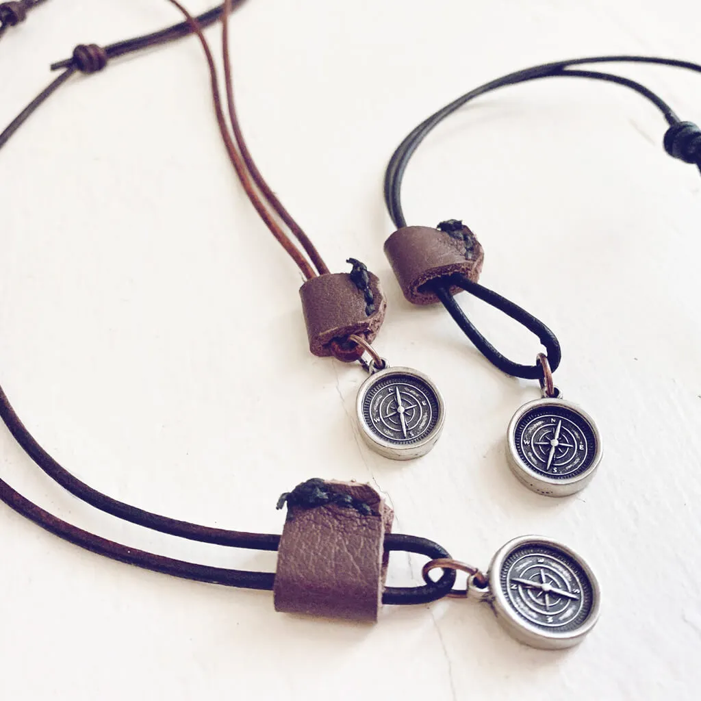 go your own way // men's rugged distressed leather necklace with compass