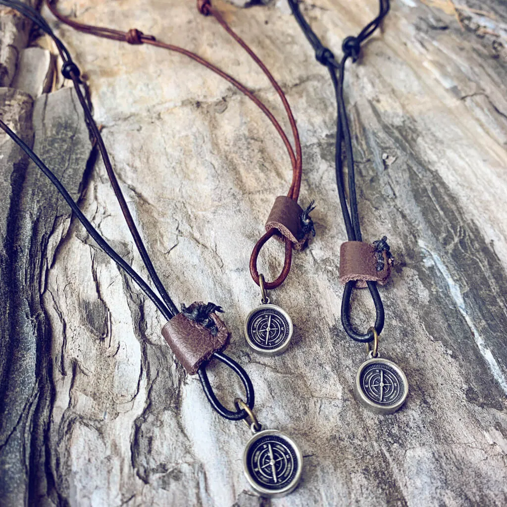 go your own way // men's rugged distressed leather necklace with compass