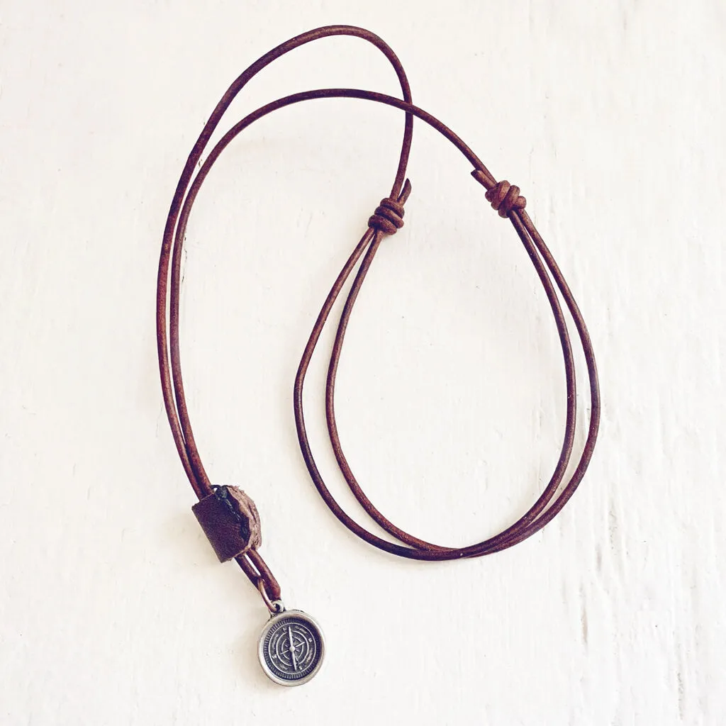 go your own way // men's rugged distressed leather necklace with compass