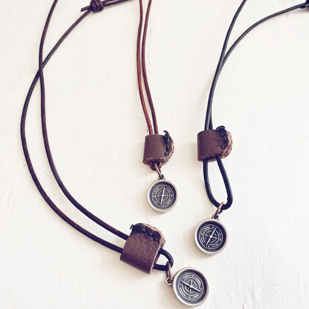 go your own way // men's rugged distressed leather necklace with compass