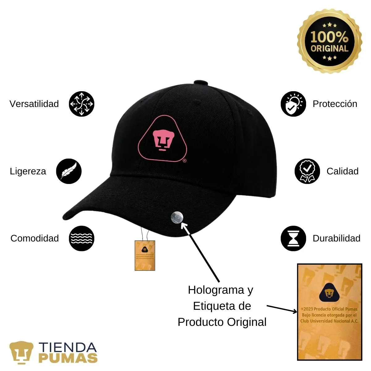 Gorra Pumas UNAM Hombre Mujer Ajustable Emblema Rosa 6 Vinil