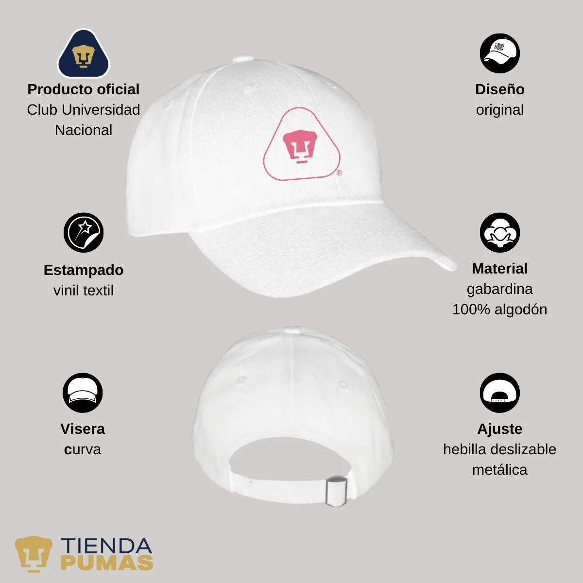 Gorra Pumas UNAM Hombre Mujer Ajustable Emblema Rosa 6 Vinil