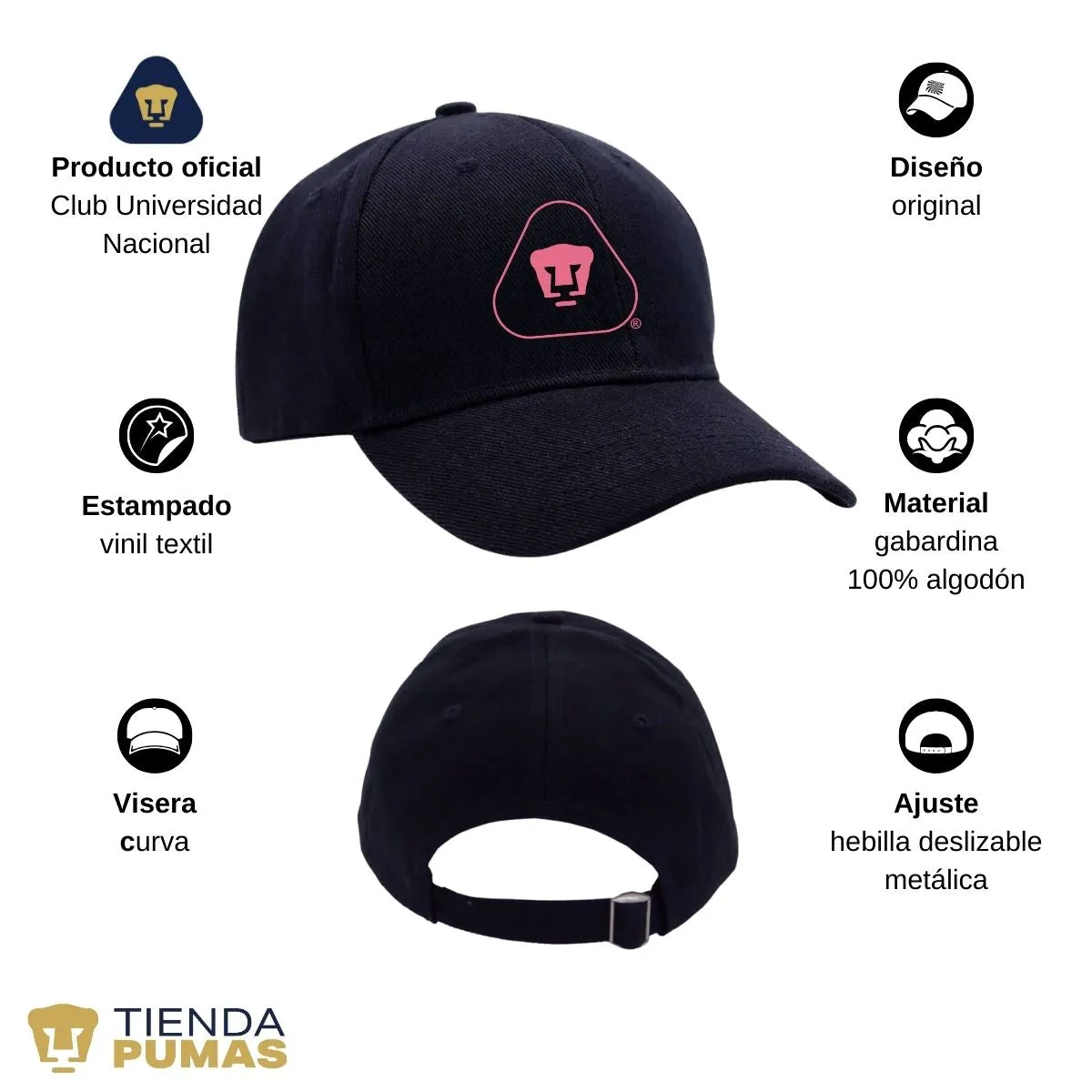 Gorra Pumas UNAM Hombre Mujer Ajustable Emblema Rosa 6 Vinil