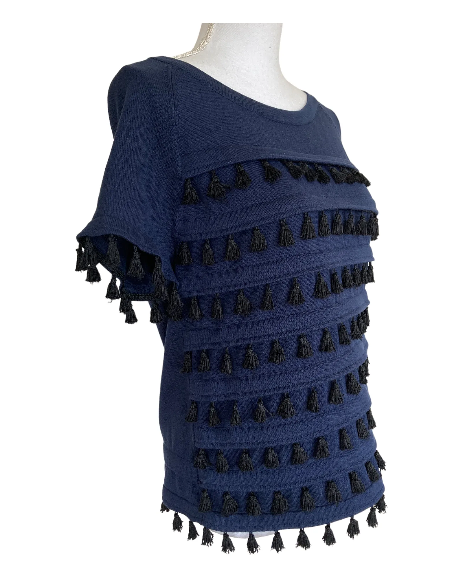 Milly Navy Short Sleeve Tassle Top, M