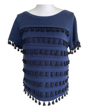 Milly Navy Short Sleeve Tassle Top, M