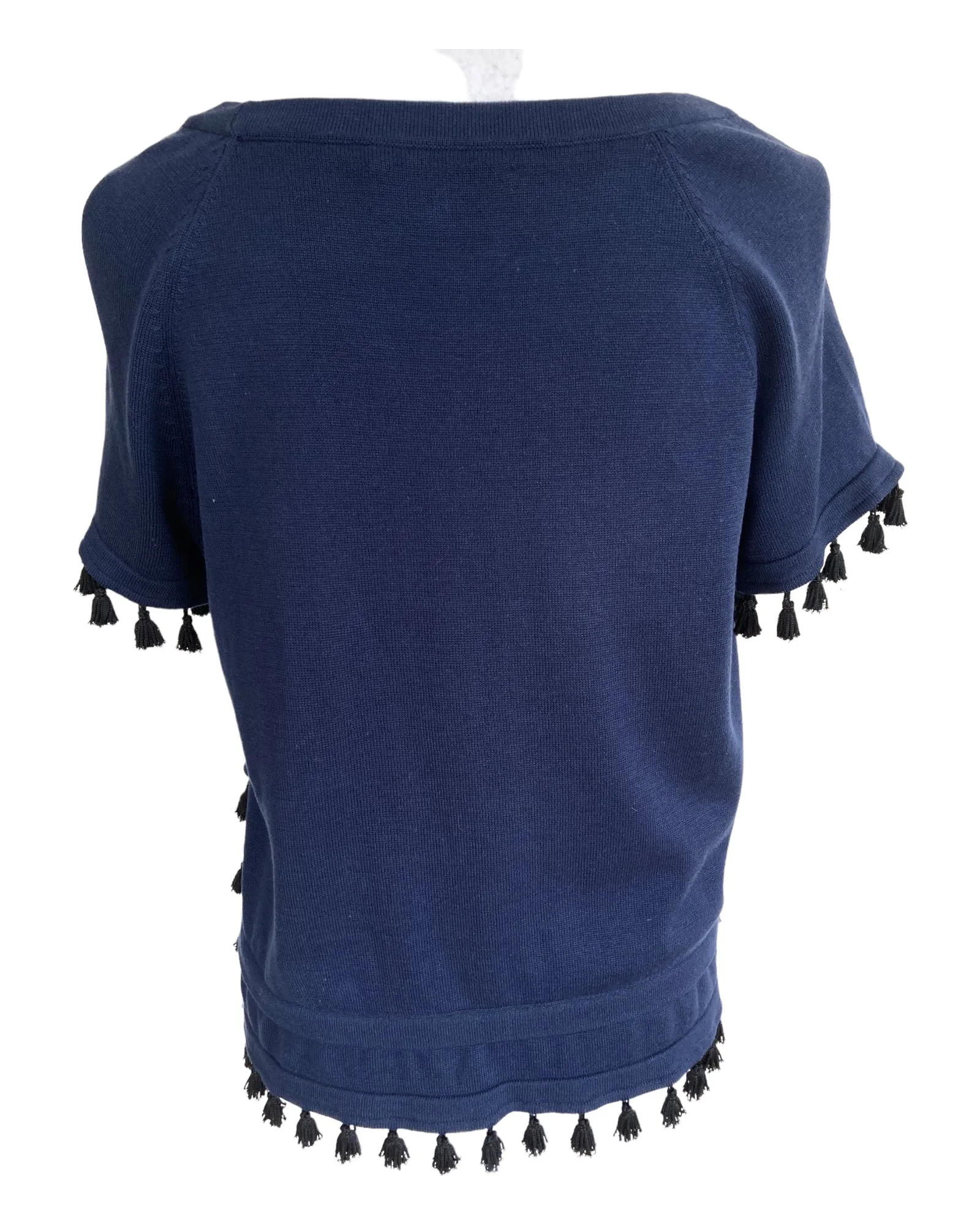 Milly Navy Short Sleeve Tassle Top, M