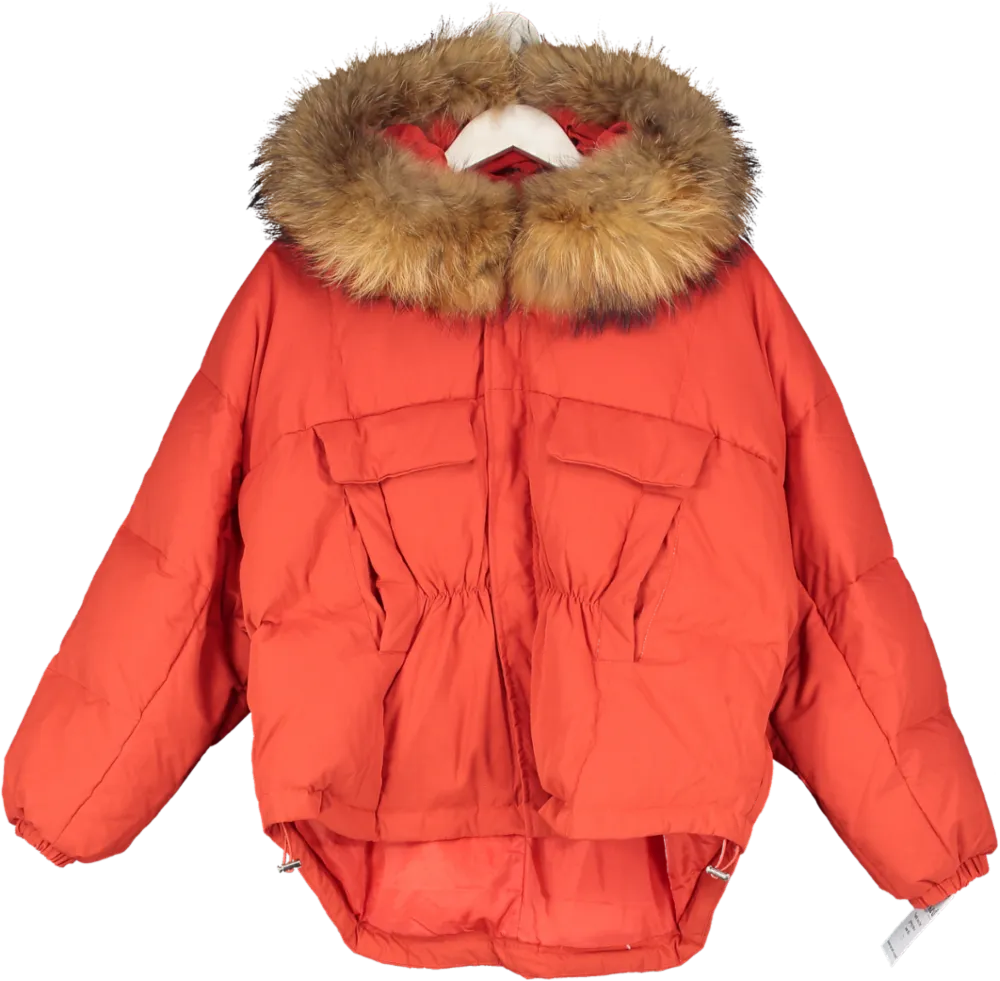 Noughts & Kisses Red Bomber Coat - Natural Fur Hood UK S