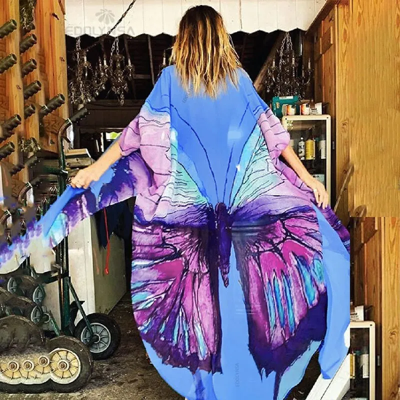 Peacock Printed Front Open Kimono Dress Blue Chiffon Tunic Women Summer Clothing Plus Size Beach Dresses