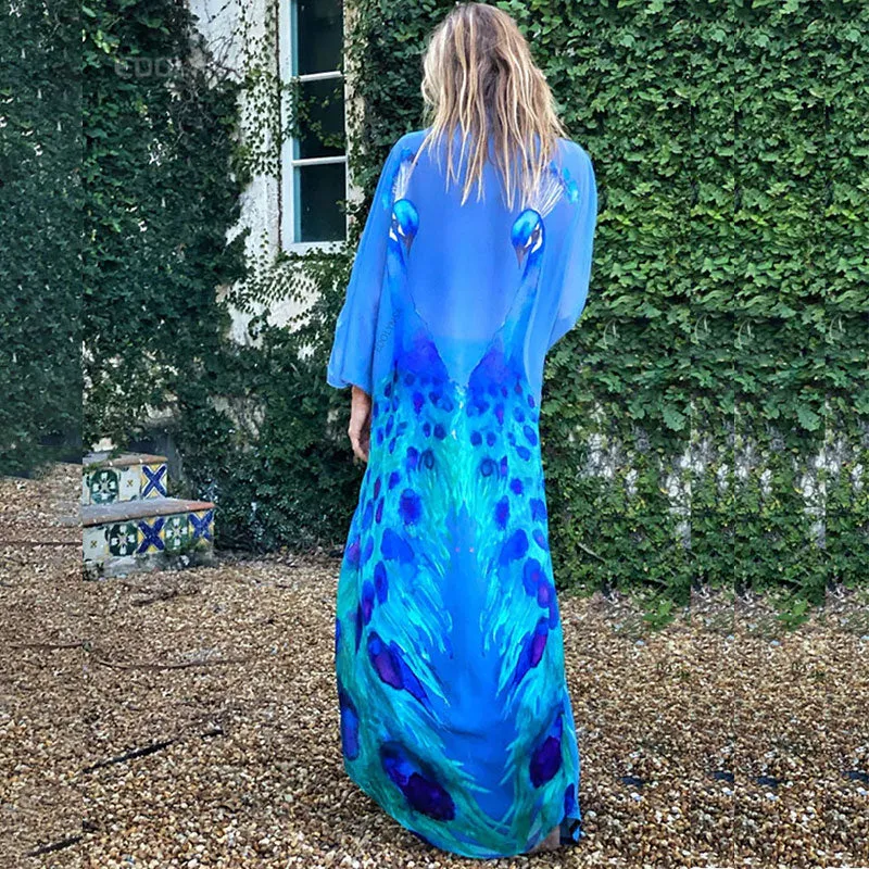 Peacock Printed Front Open Kimono Dress Blue Chiffon Tunic Women Summer Clothing Plus Size Beach Dresses