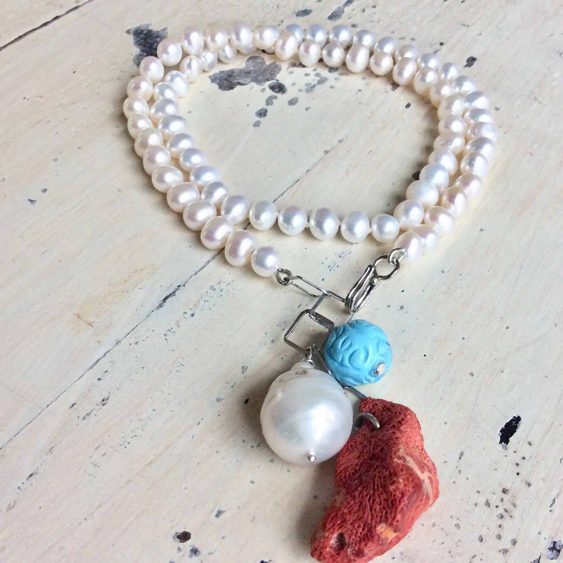 Pearl Necklace with Studded Baroque Pearl, Sponge Red Coral and Turquoise Charms