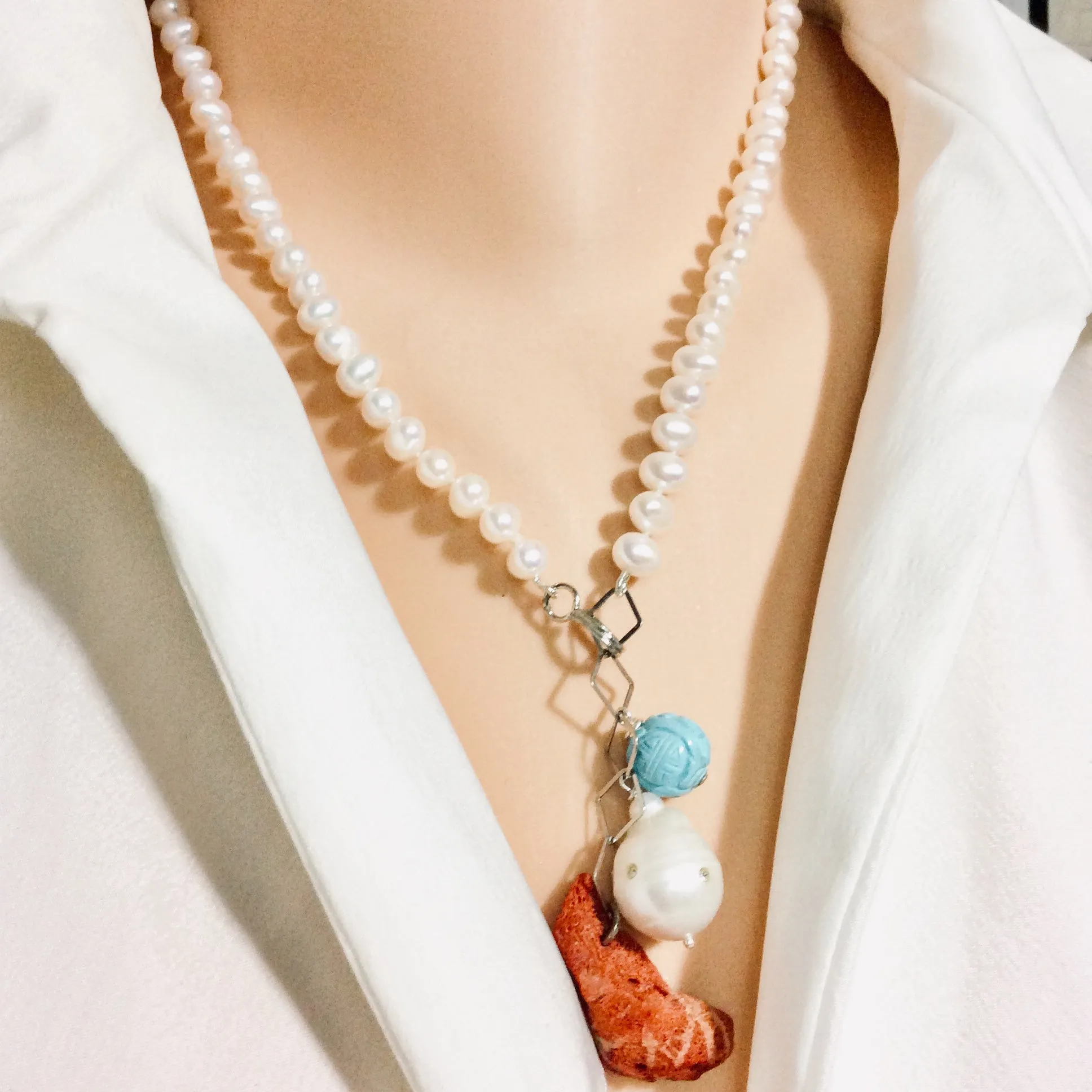 Pearl Necklace with Studded Baroque Pearl, Sponge Red Coral and Turquoise Charms