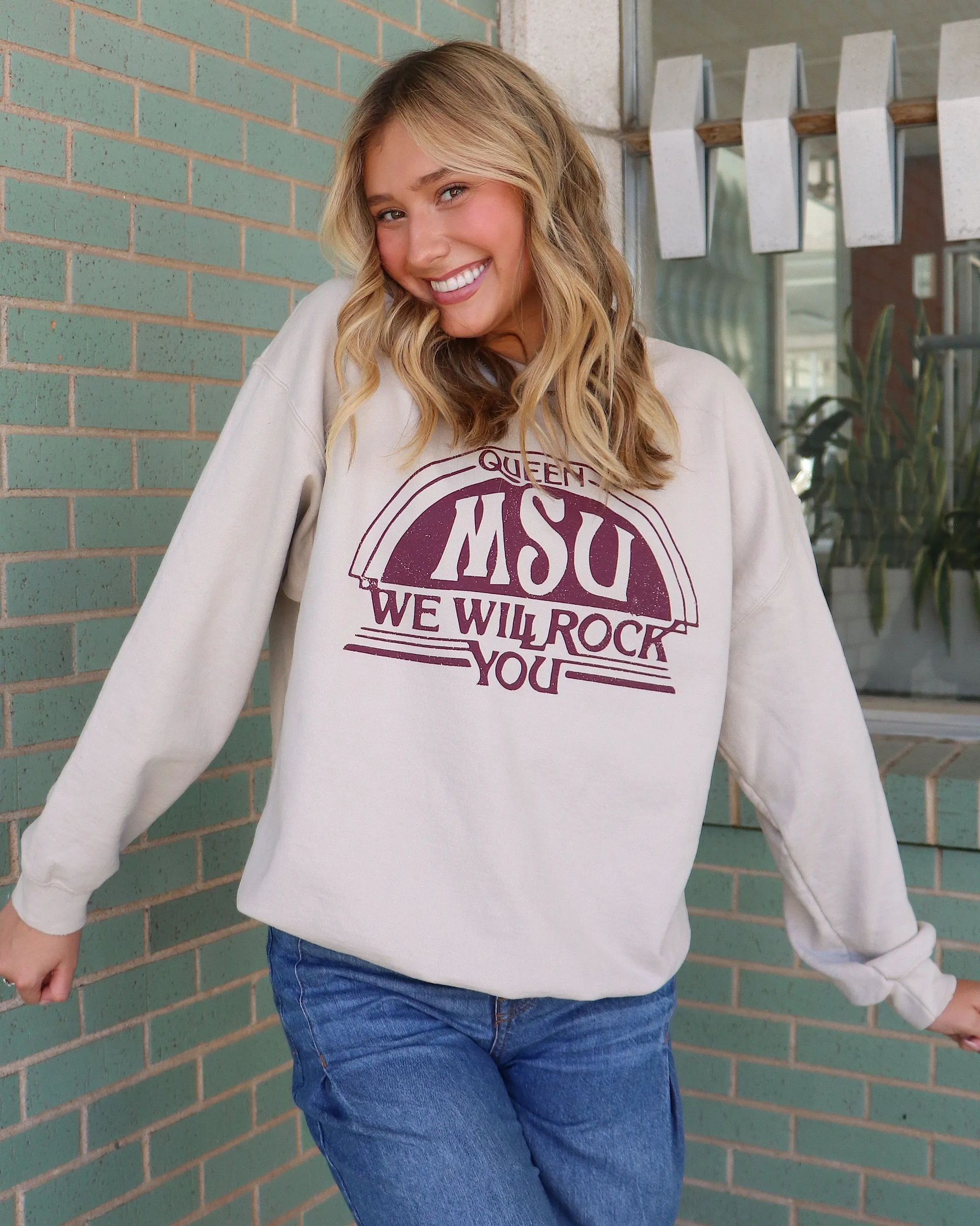 Queen MSU Bulldogs Will Rock You Sand Thrifted Sweatshirt