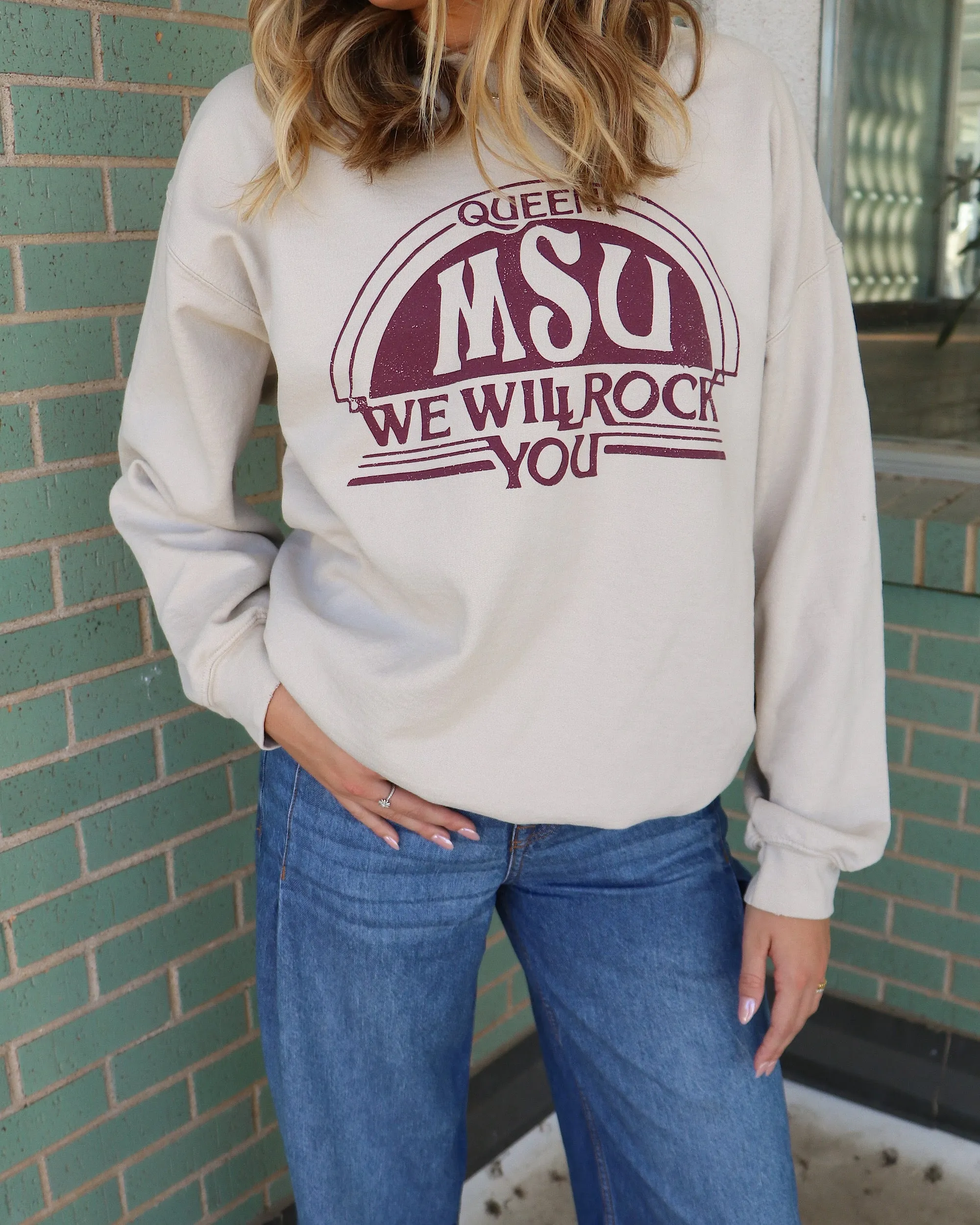 Queen MSU Bulldogs Will Rock You Sand Thrifted Sweatshirt