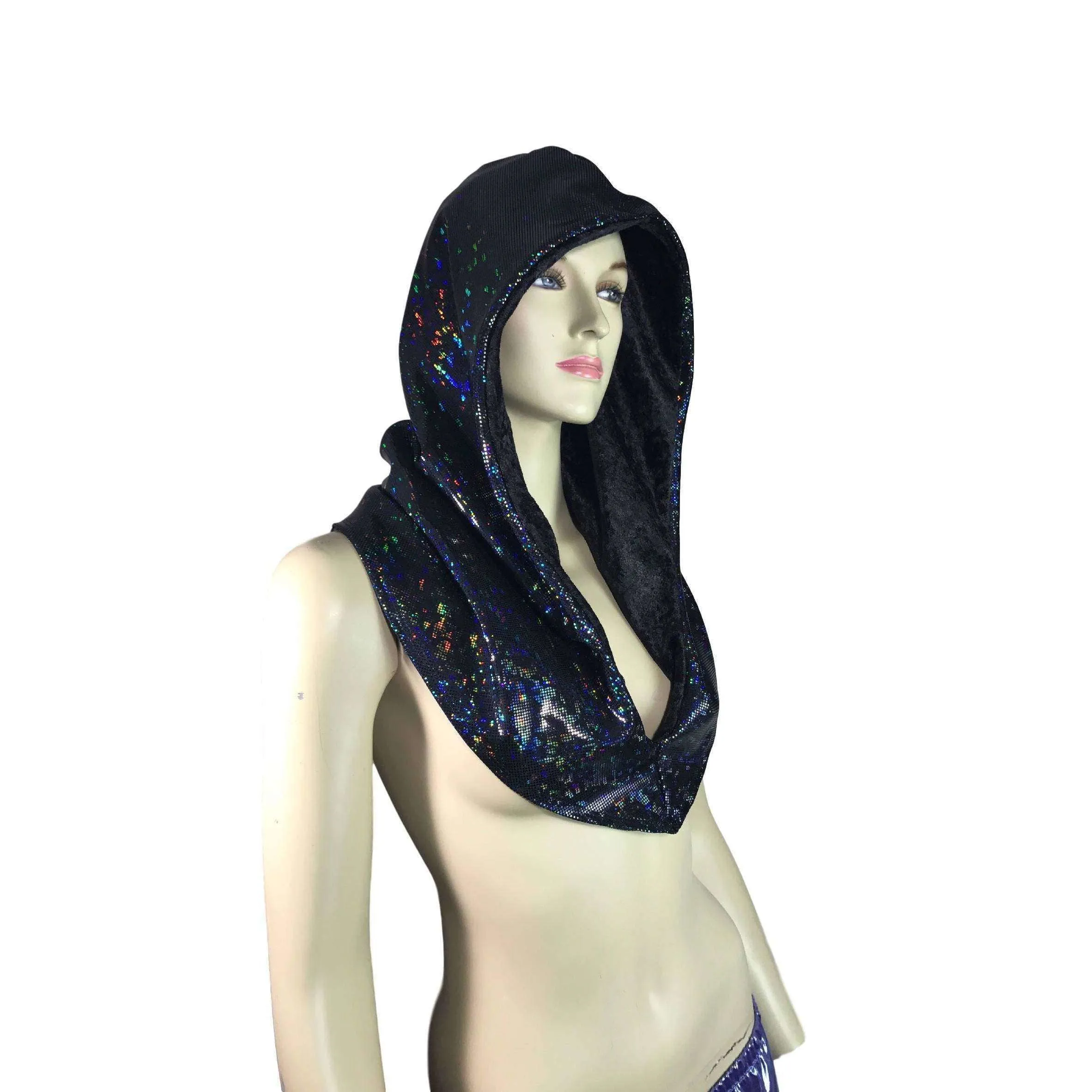 Reversible Black Shattered Glass & Black Crushed Velvet Holographic Rave Hood