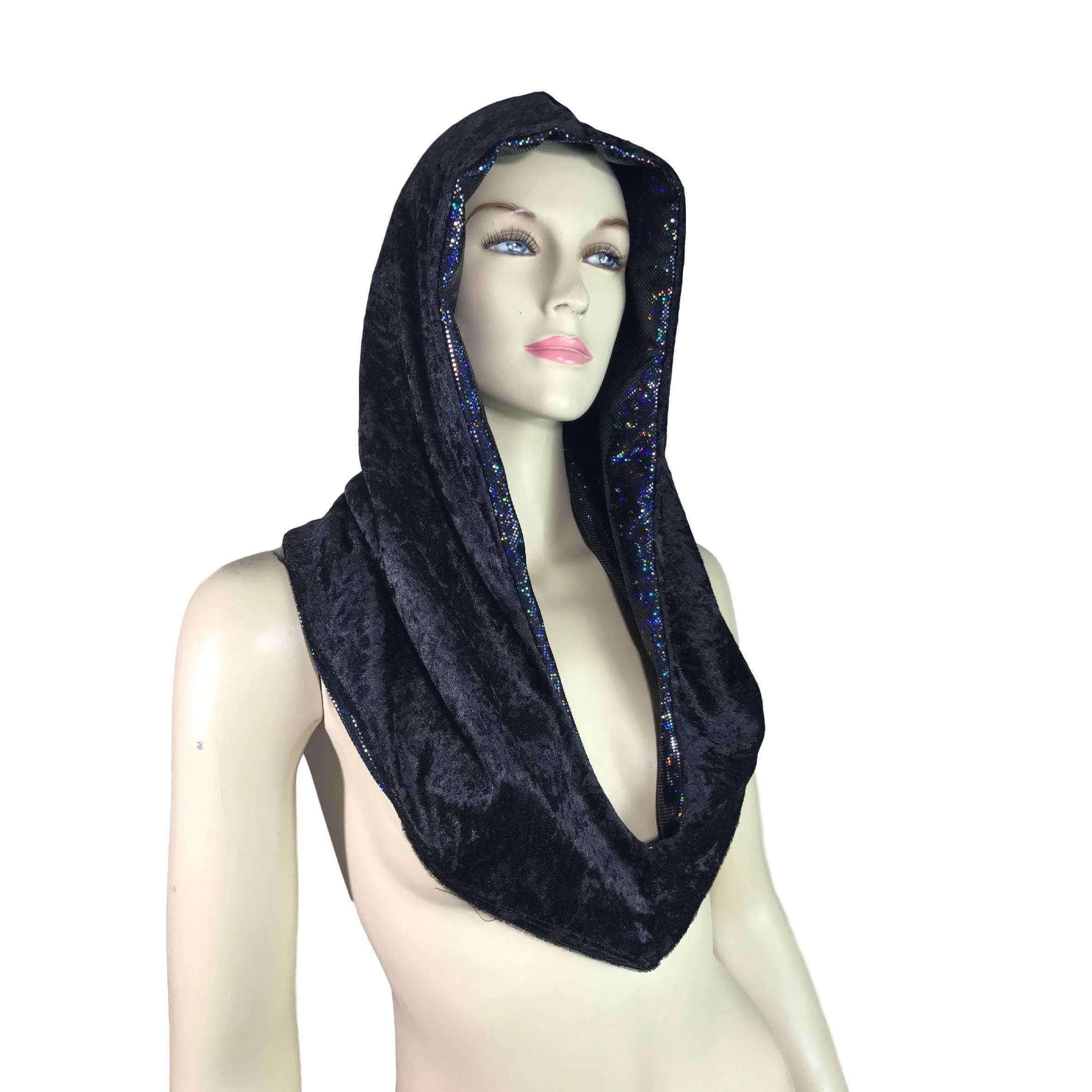 Reversible Black Shattered Glass & Black Crushed Velvet Holographic Rave Hood