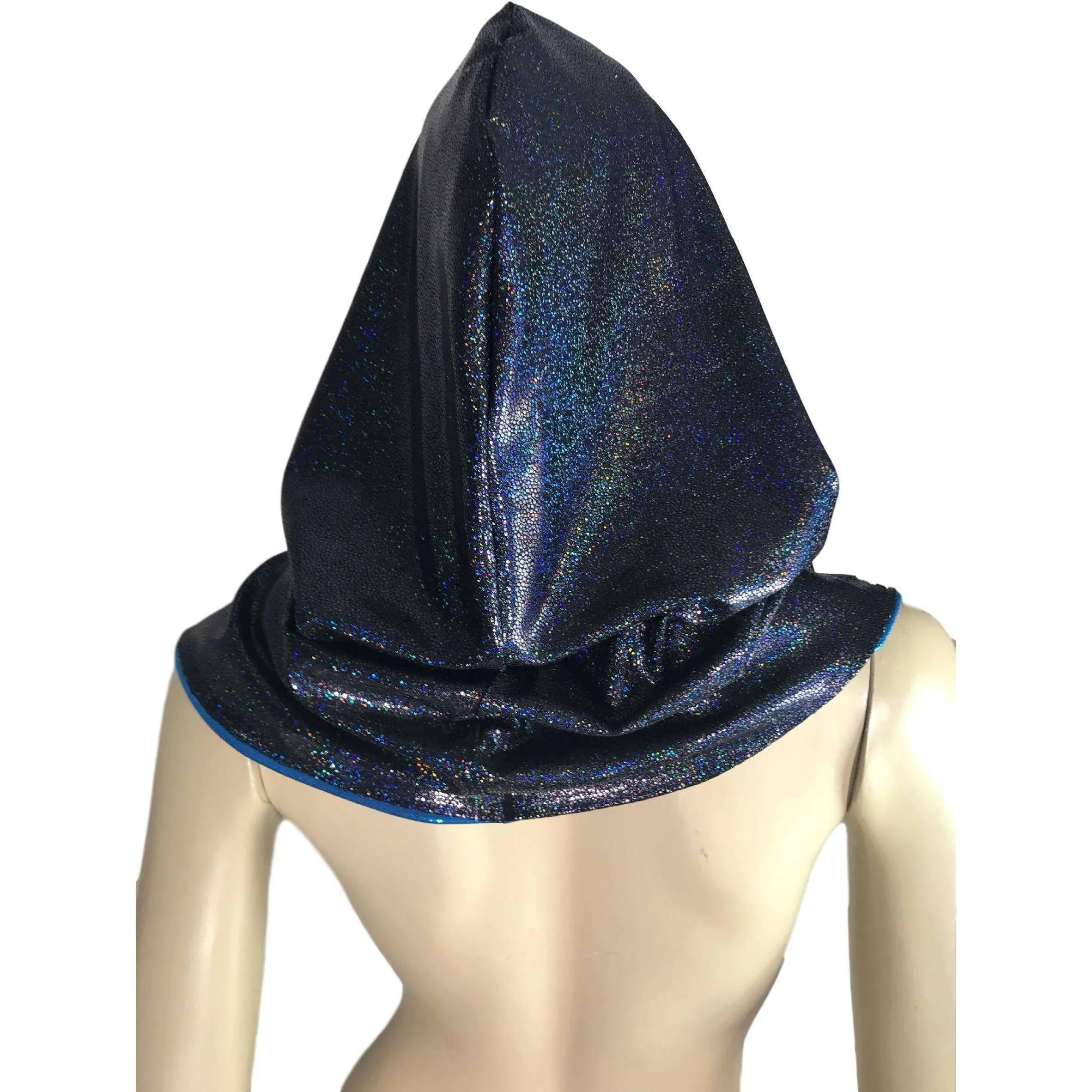 Reversible Black Shattered Glass & Black Crushed Velvet Holographic Rave Hood