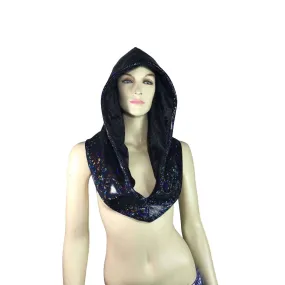 Reversible Black Shattered Glass & Black Crushed Velvet Holographic Rave Hood