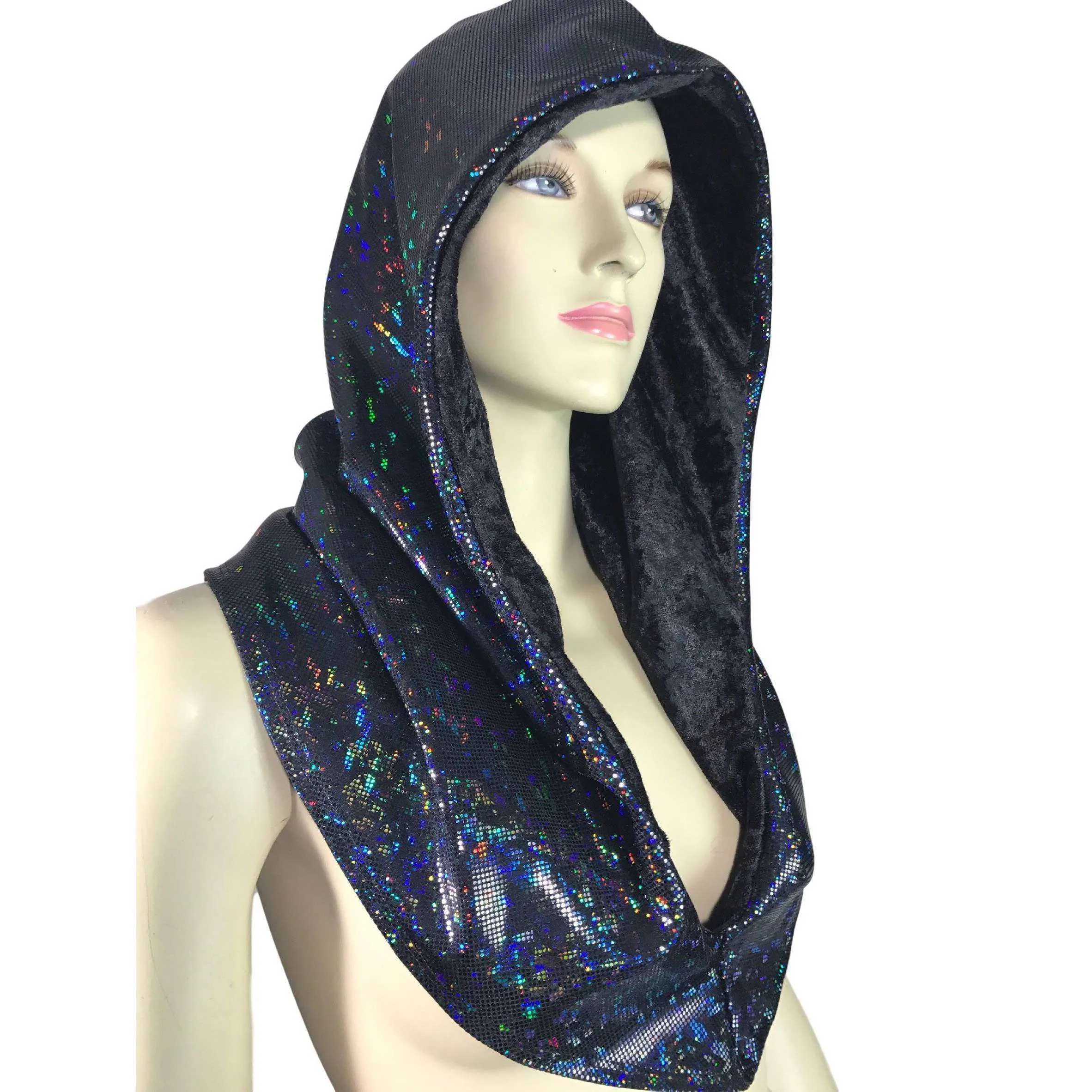 Reversible Black Shattered Glass & Black Crushed Velvet Holographic Rave Hood