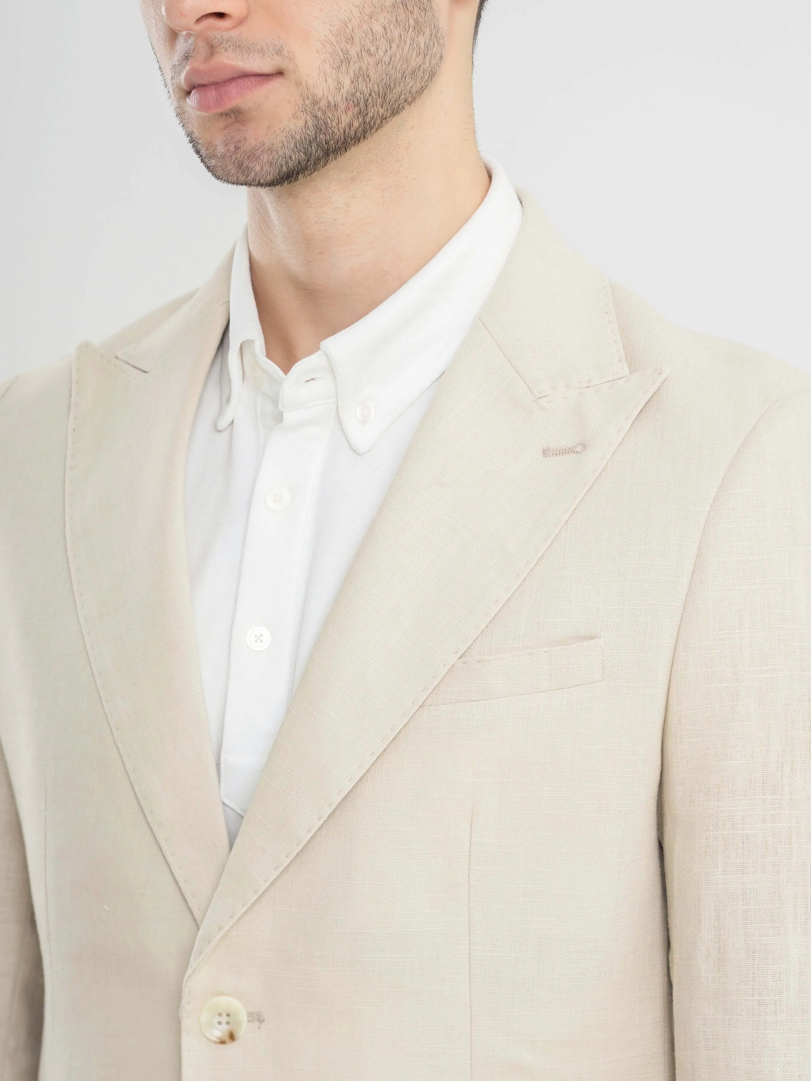 Single Breasted Suit Blazer - Linen Cream Plain (Peak Lapel)