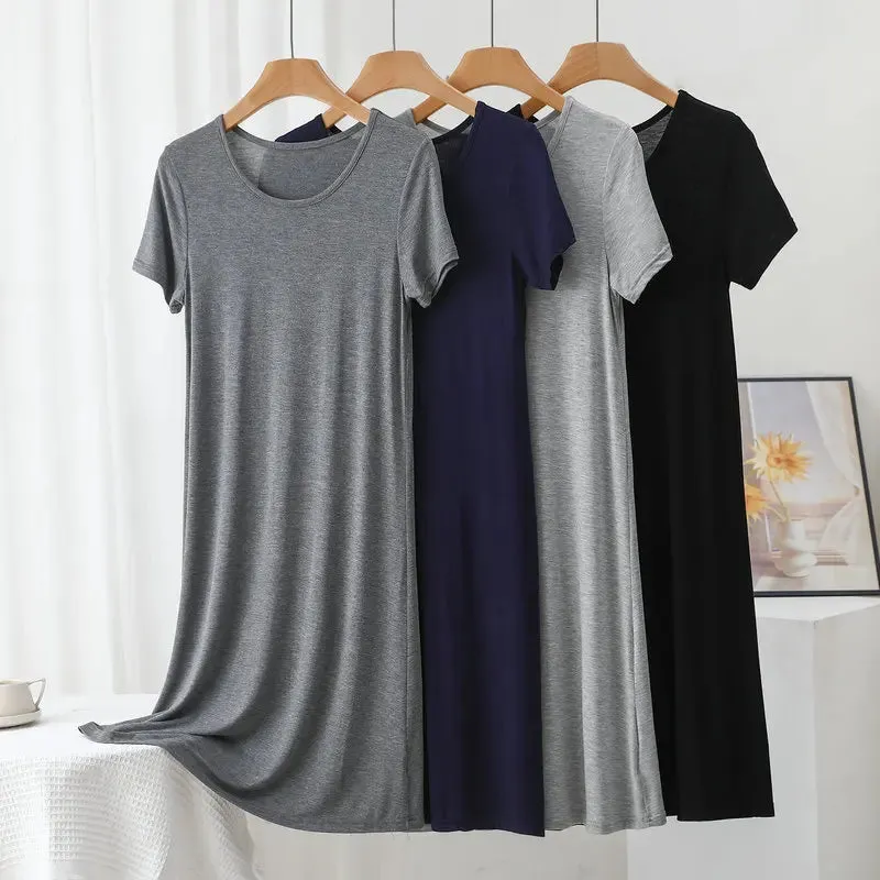 Solid color Modal Casual Tshirt Dress short sleeves Length 83 to 113cm Summer women's slipdress O-Neck Bottoming Dresses