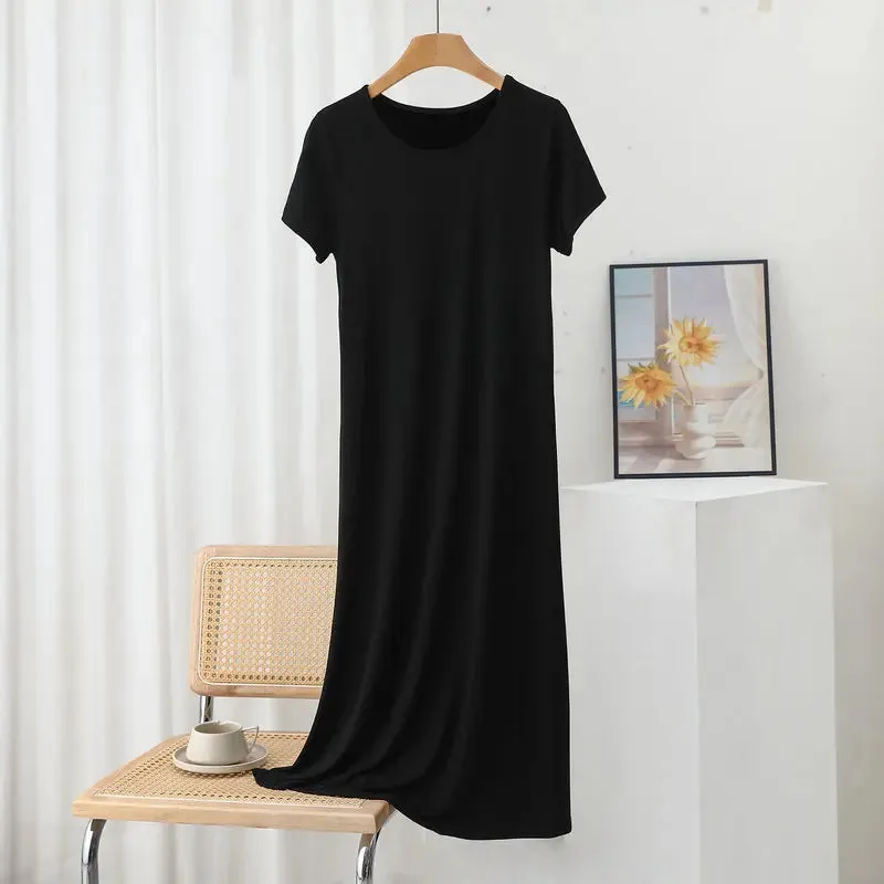 Solid color Modal Casual Tshirt Dress short sleeves Length 83 to 113cm Summer women's slipdress O-Neck Bottoming Dresses