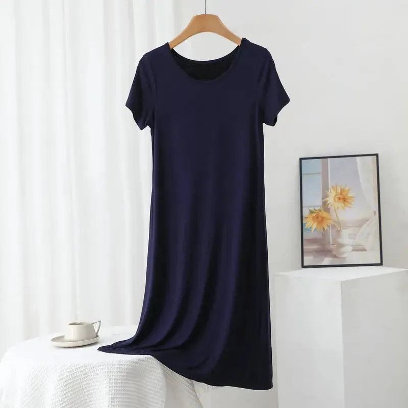 Solid color Modal Casual Tshirt Dress short sleeves Length 83 to 113cm Summer women's slipdress O-Neck Bottoming Dresses