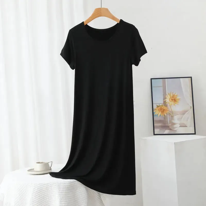 Solid color Modal Casual Tshirt Dress short sleeves Length 83 to 113cm Summer women's slipdress O-Neck Bottoming Dresses