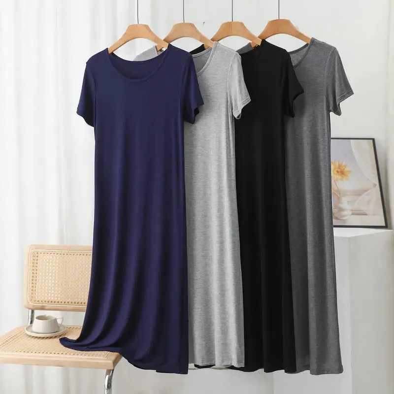 Solid color Modal Casual Tshirt Dress short sleeves Length 83 to 113cm Summer women's slipdress O-Neck Bottoming Dresses