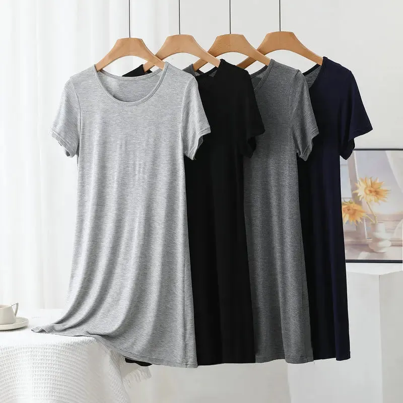 Solid color Modal Casual Tshirt Dress short sleeves Length 83 to 113cm Summer women's slipdress O-Neck Bottoming Dresses