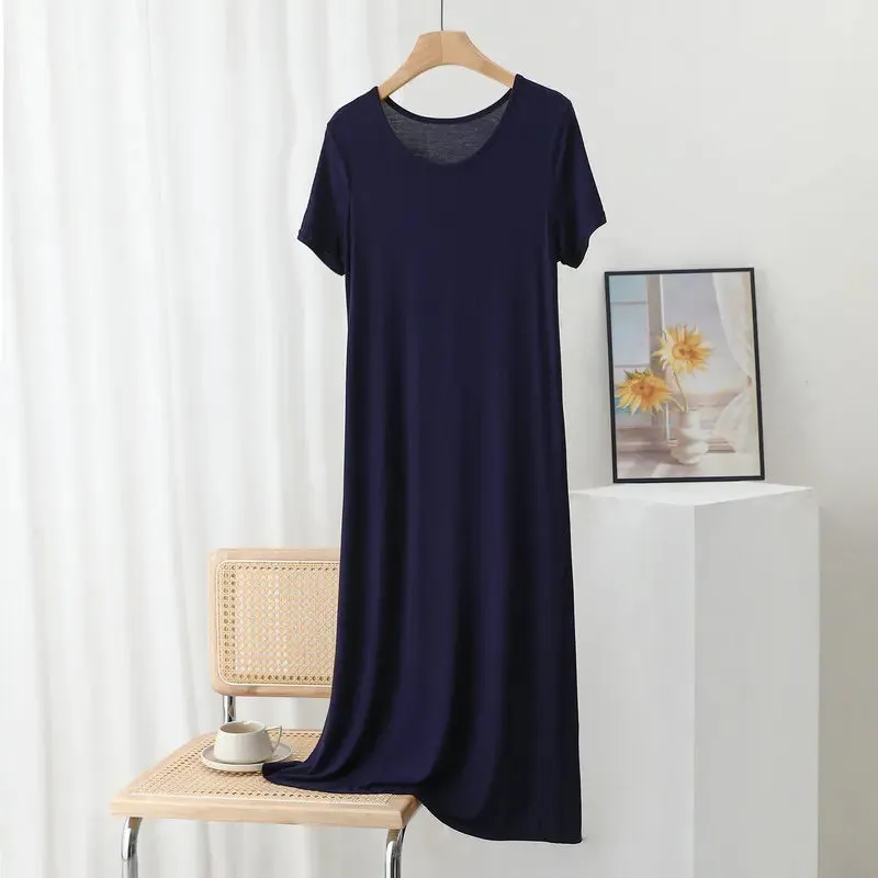 Solid color Modal Casual Tshirt Dress short sleeves Length 83 to 113cm Summer women's slipdress O-Neck Bottoming Dresses