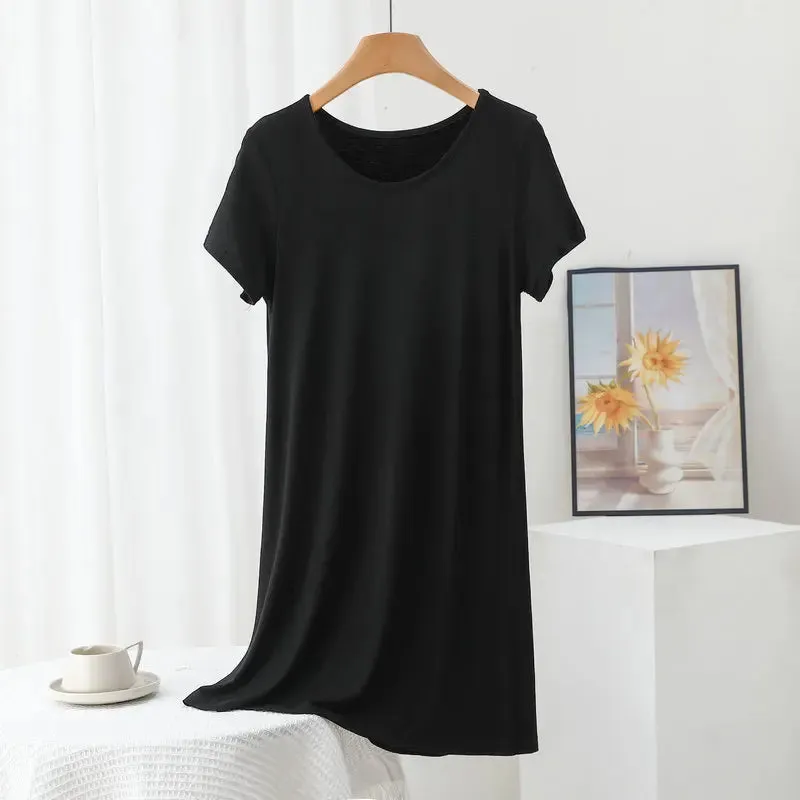 Solid color Modal Casual Tshirt Dress short sleeves Length 83 to 113cm Summer women's slipdress O-Neck Bottoming Dresses