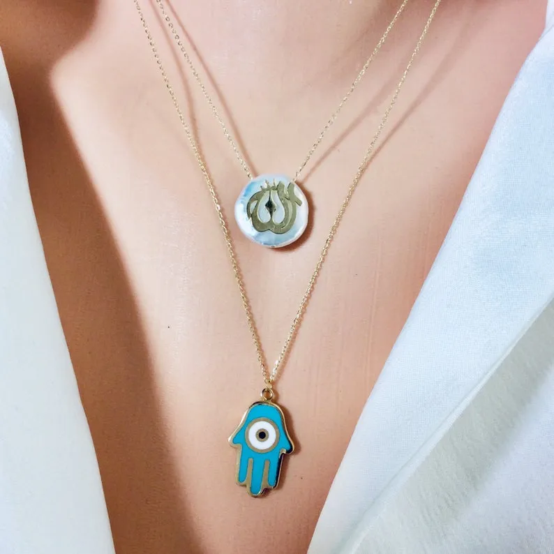 Solid Gold 18K Hamsa Charm Enamel Pendant Necklace 18Inches Long