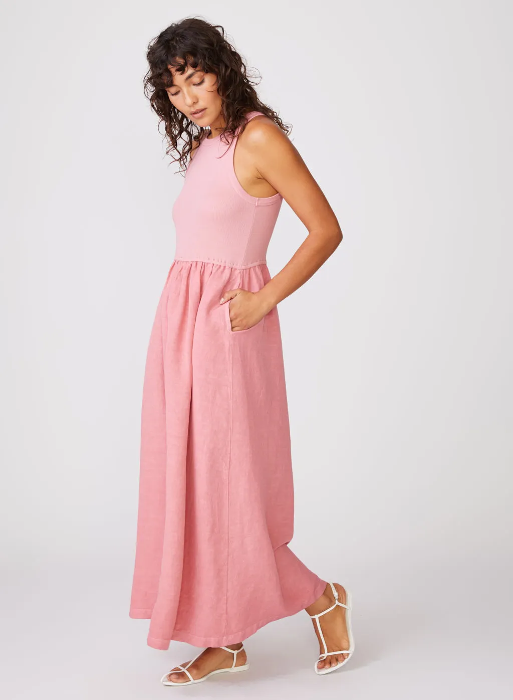 Stateside Linen Mixed Media High Neck Dress in Mauve Glow