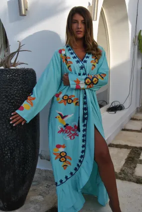 Turquoise birds embroidered caftan, Open slit Cotton caftan dress, African women clothing, Bohemian maxi dress, Boho summer caftan, kaftans