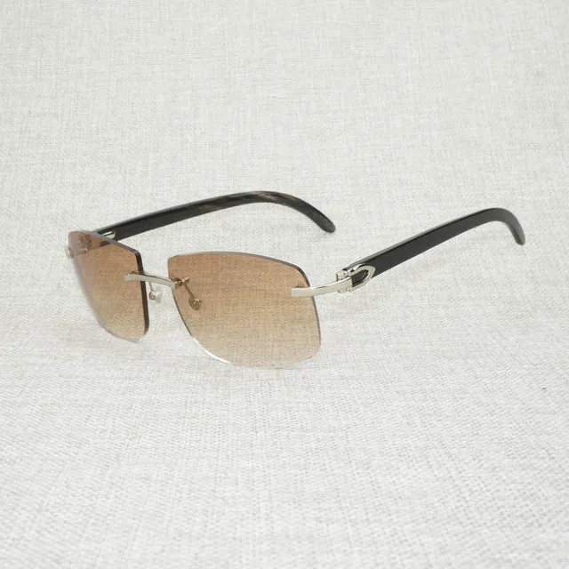 Unisex Retro Wood Oversize Sunglasses Natural Black White Buffalo Horn Rimless Frame