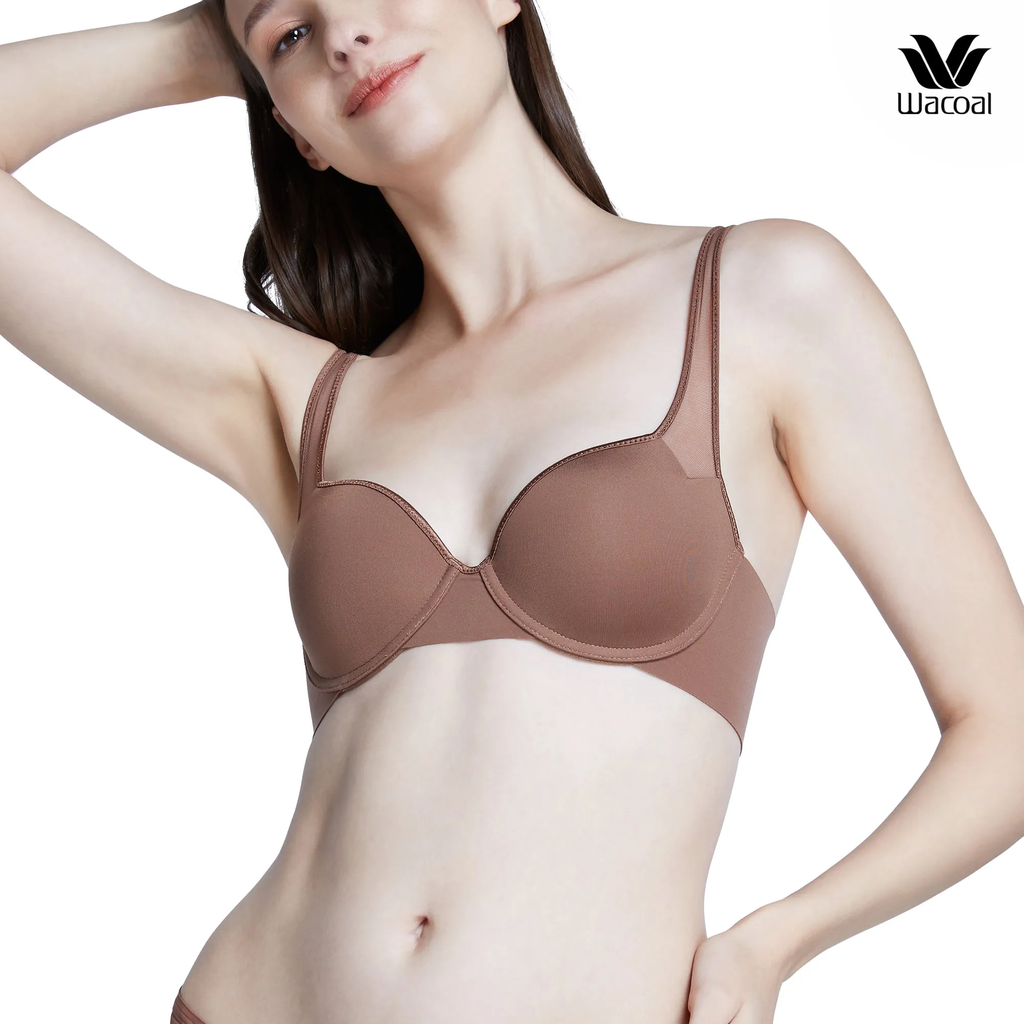 Wacoal Push Up Bra บรามีโครง เสริมฟองน้ำบาง 8 มม. (บราและกางเกงใน) รุ่น WB5P03 MU5P03 สีน้ำตาล (BR)