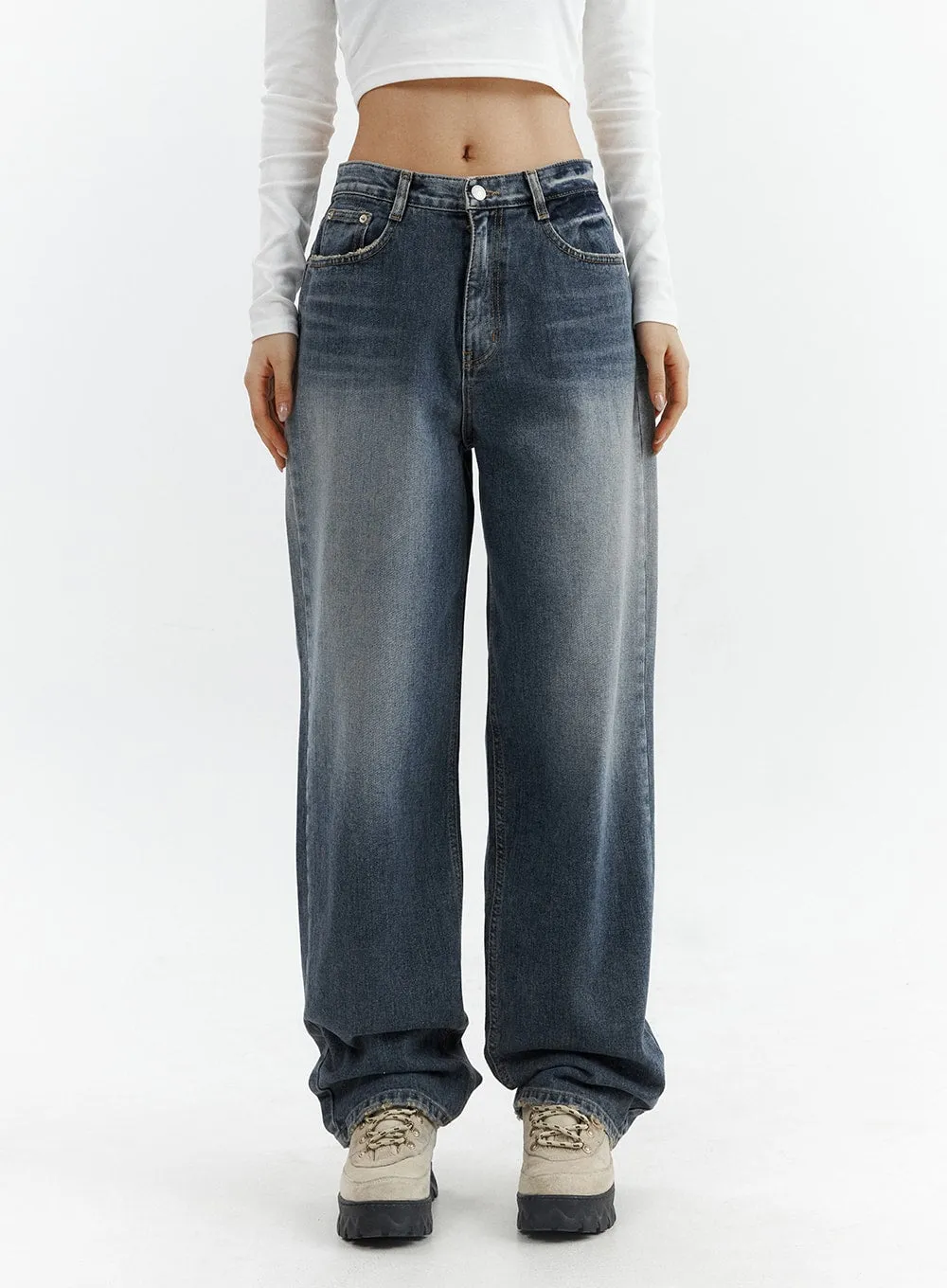 Washed Button Straight Leg Jeans CJ425