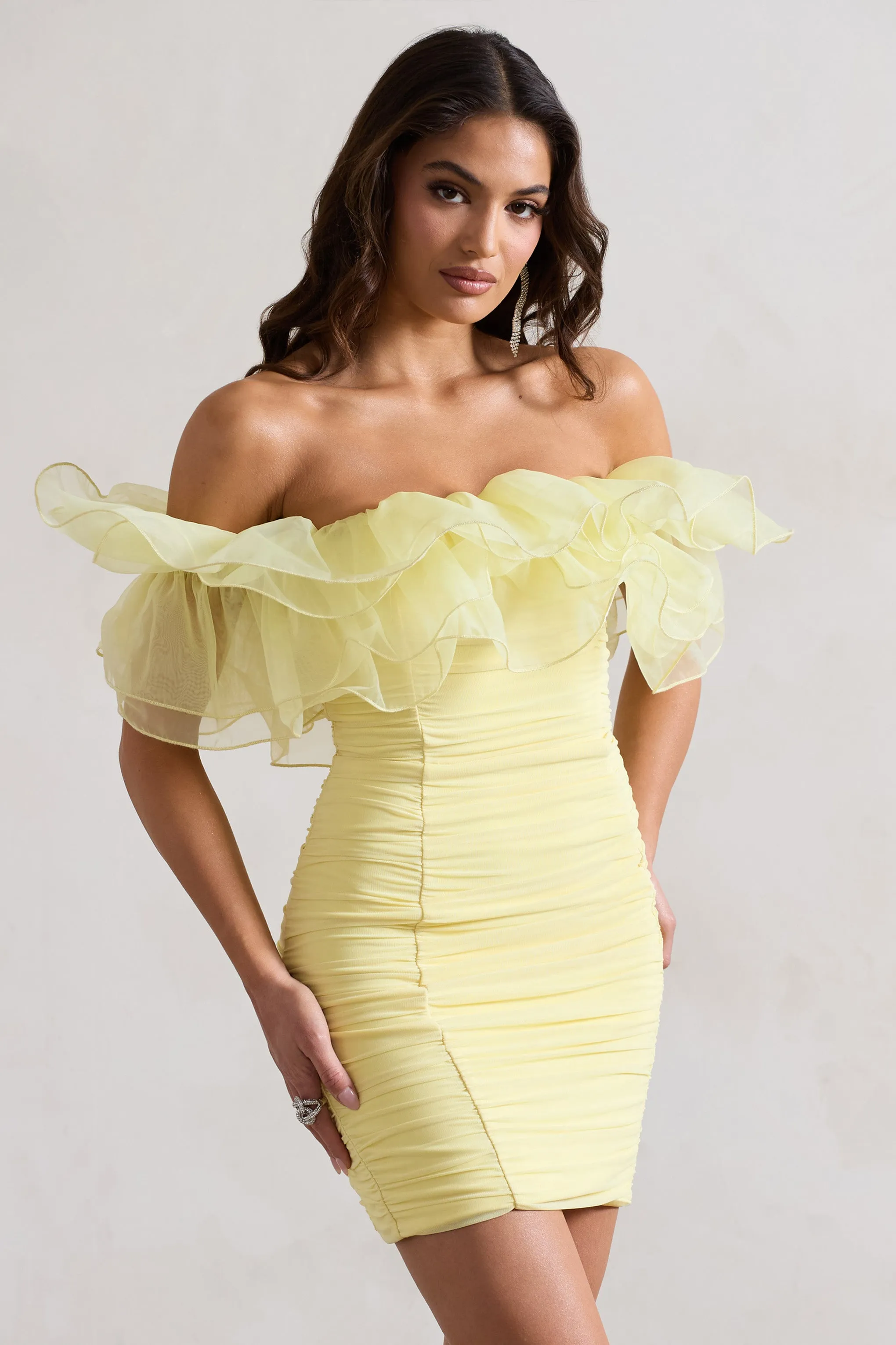 Waterlily | Lemon Ruched Bardot Mini Dress With Organza Trim