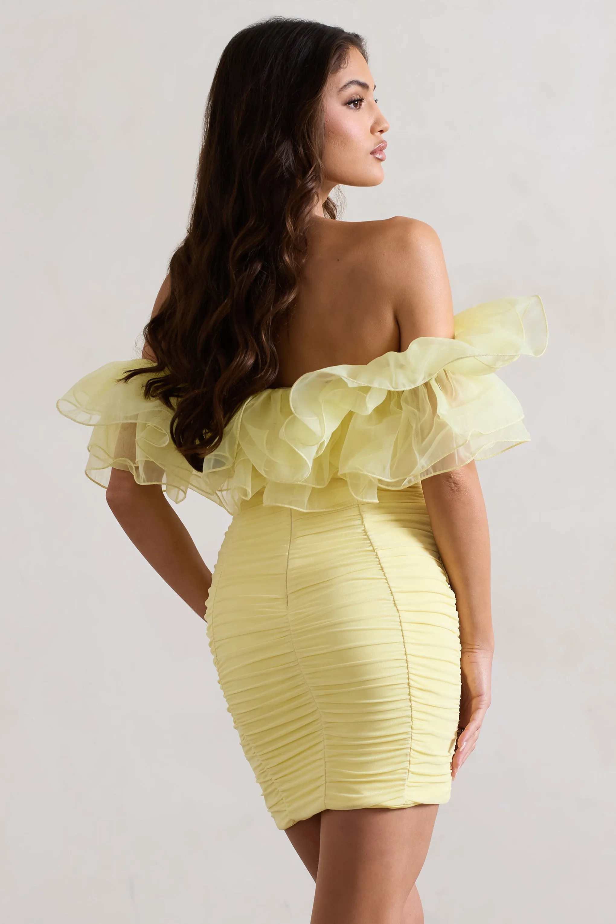 Waterlily | Lemon Ruched Bardot Mini Dress With Organza Trim